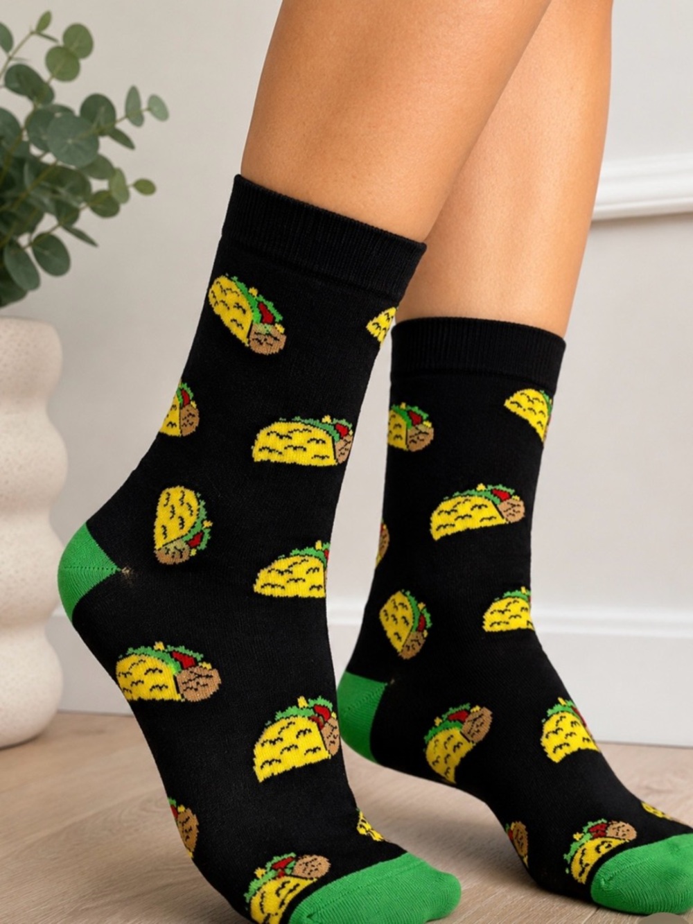 🌮 NWT Happy Socks Taco Crew Socks Black Novelty Food Print Combed Cotton